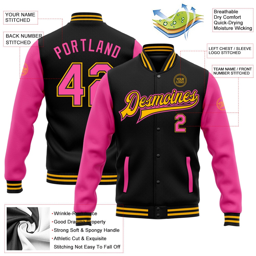 Custom Black Pink Gold Bomber Full Snap Varsity Baseball Jacket, Custom Team Jacket