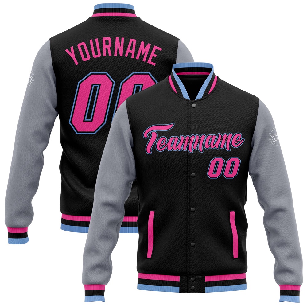 Custom Black Pink Gray Light Blue Bomber Full Snap Varsity Baseball Jacket, Custom Team Jacket