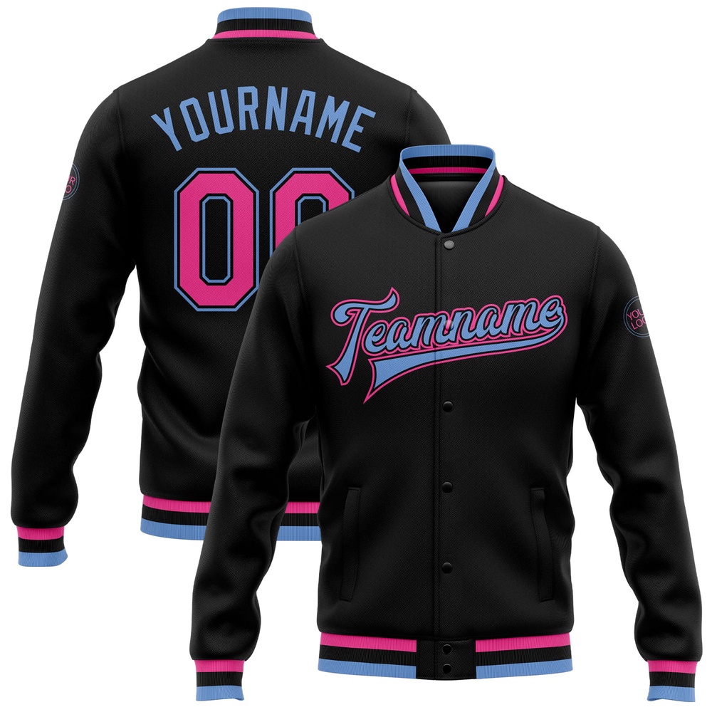 Custom Black Pink Light Blue Bomber Full Snap Baseball Jacket, Custom Team Jacket