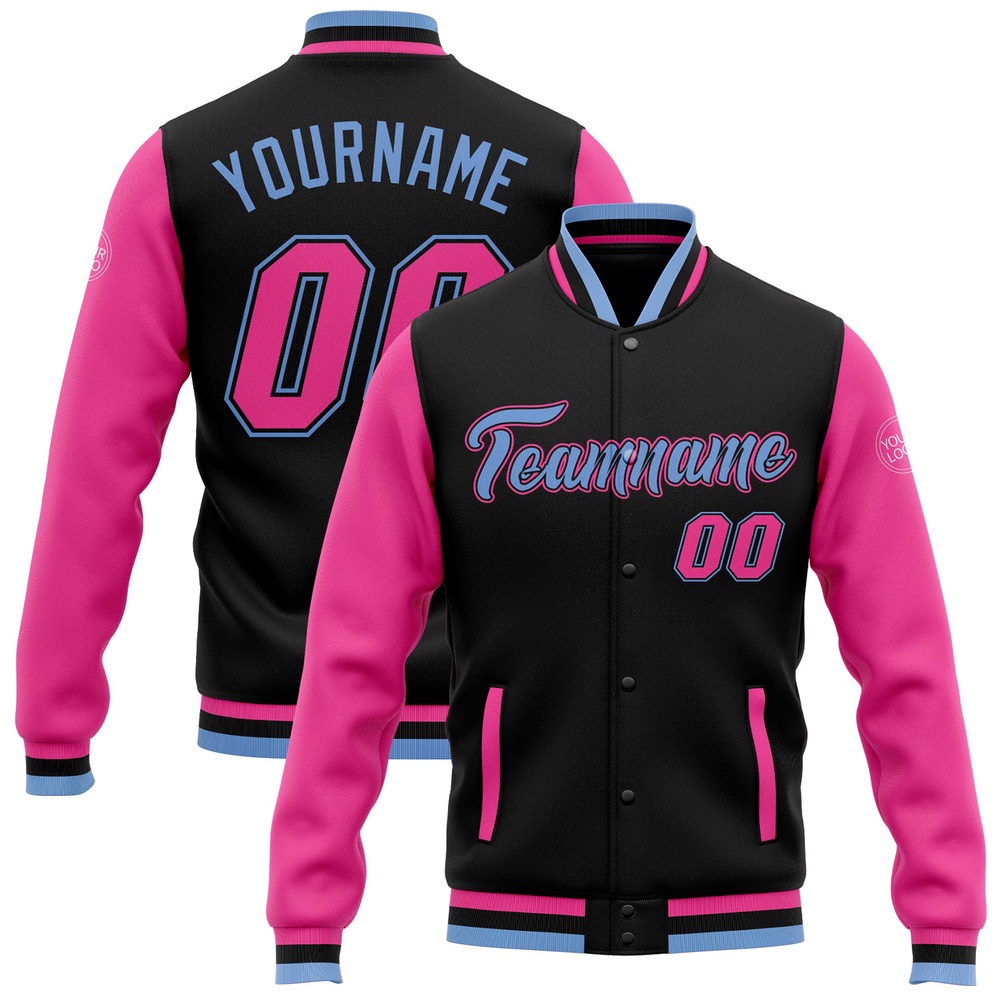 Custom Black Pink Light Blue Bomber Full Snap Varsity Baseball Jacket, Custom Team Jacket