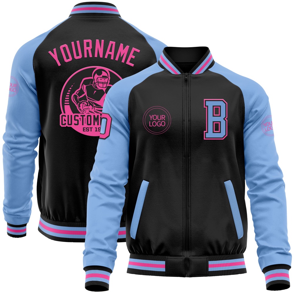 Custom Black Pink Light Blue Bomber Varsity Baseball Jacket, Custom Team Jacket