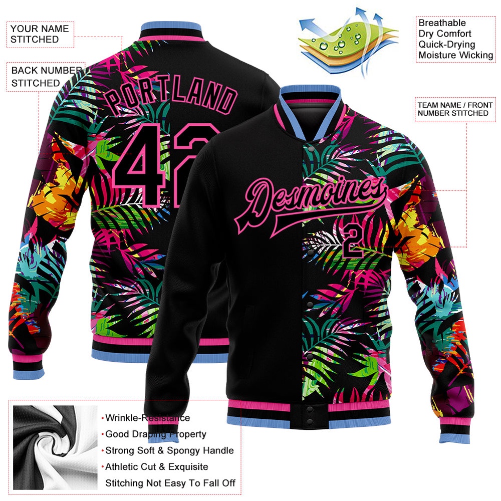 Custom Black Pink Light Blue Hawaii Palm Trees 3D Bomber Full Snap Baseball Jacket, Custom Team Jacket