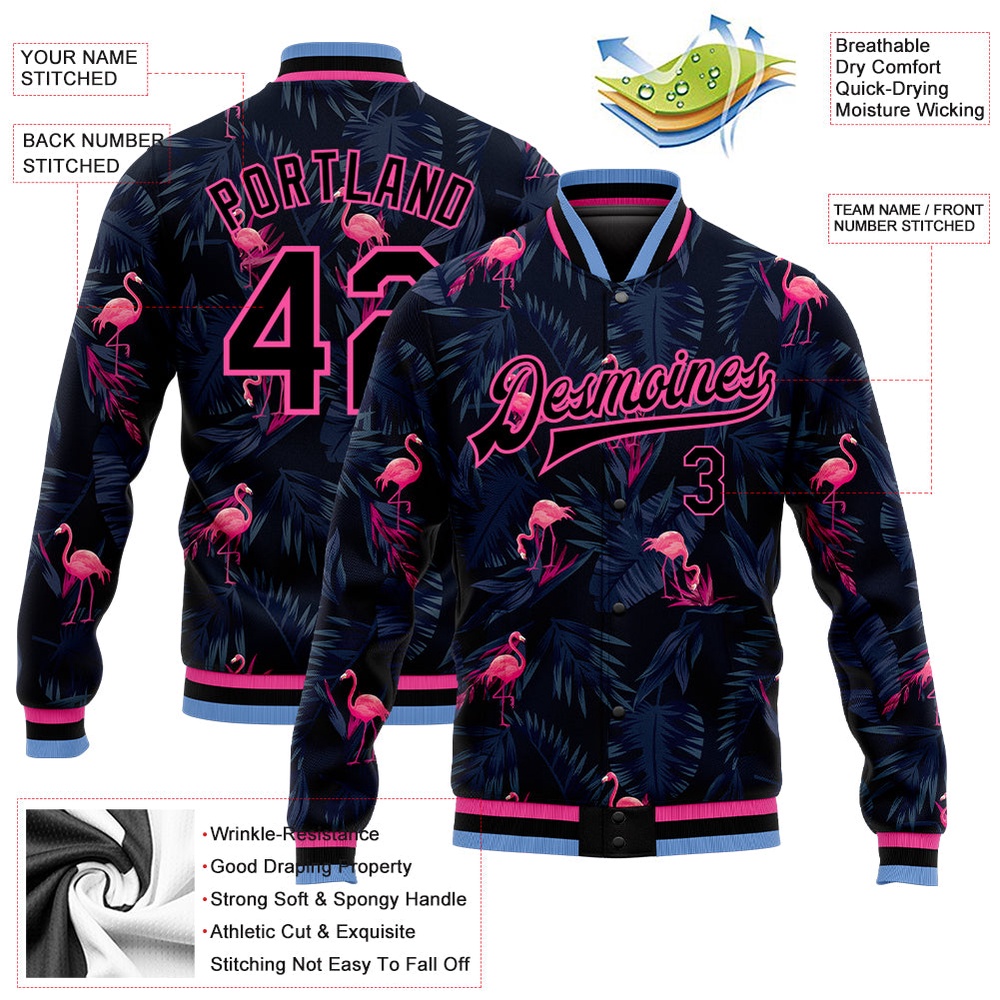 Custom Black Pink Light Blue Hawaii Palm Trees And Flamingo 3D Bomber Full Snap Baseball Jacket, Custom Team Jacket