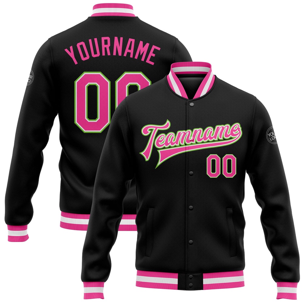 Custom Black Pink Neon Green Bomber Full Snap Baseball Jacket, Custom Team Jacket