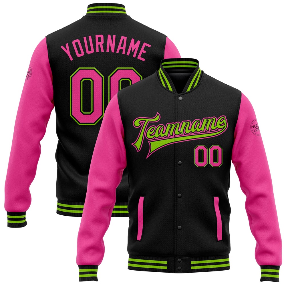 Custom Black Pink Neon Green Bomber Full Snap Varsity Baseball Jacket, Custom Team Jacket