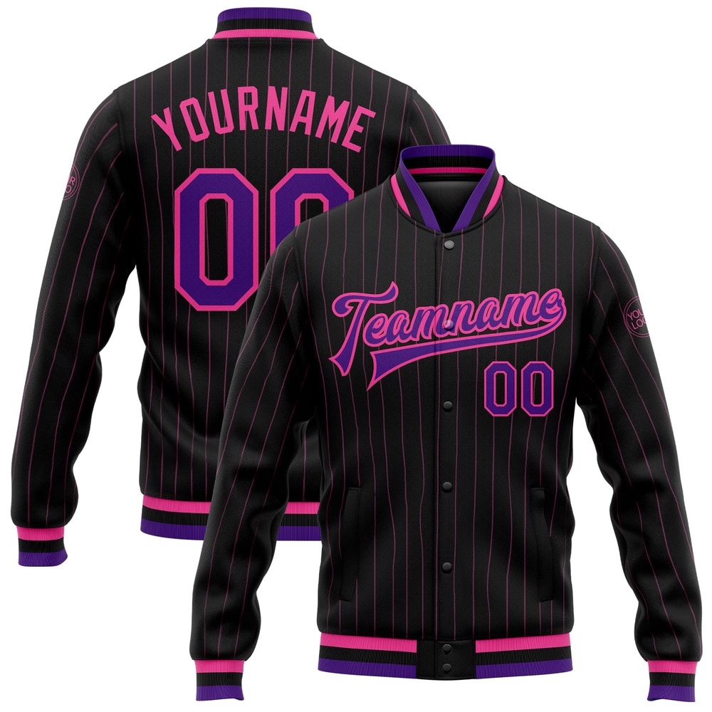 Custom Black Pink Pinstripe Purple Bomber Full Snap Baseball Jacket, Custom Team Jacket Custom Black Pink Pinstripe Purple Bomber Full Snap Baseball Jacket, Custom Team Jacket
