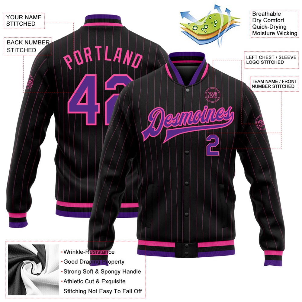 Custom Black Pink Pinstripe Purple Bomber Full Snap Baseball Jacket, Custom Team Jacket Custom Black Pink Pinstripe Purple Bomber Full Snap Baseball Jacket, Custom Team Jacket