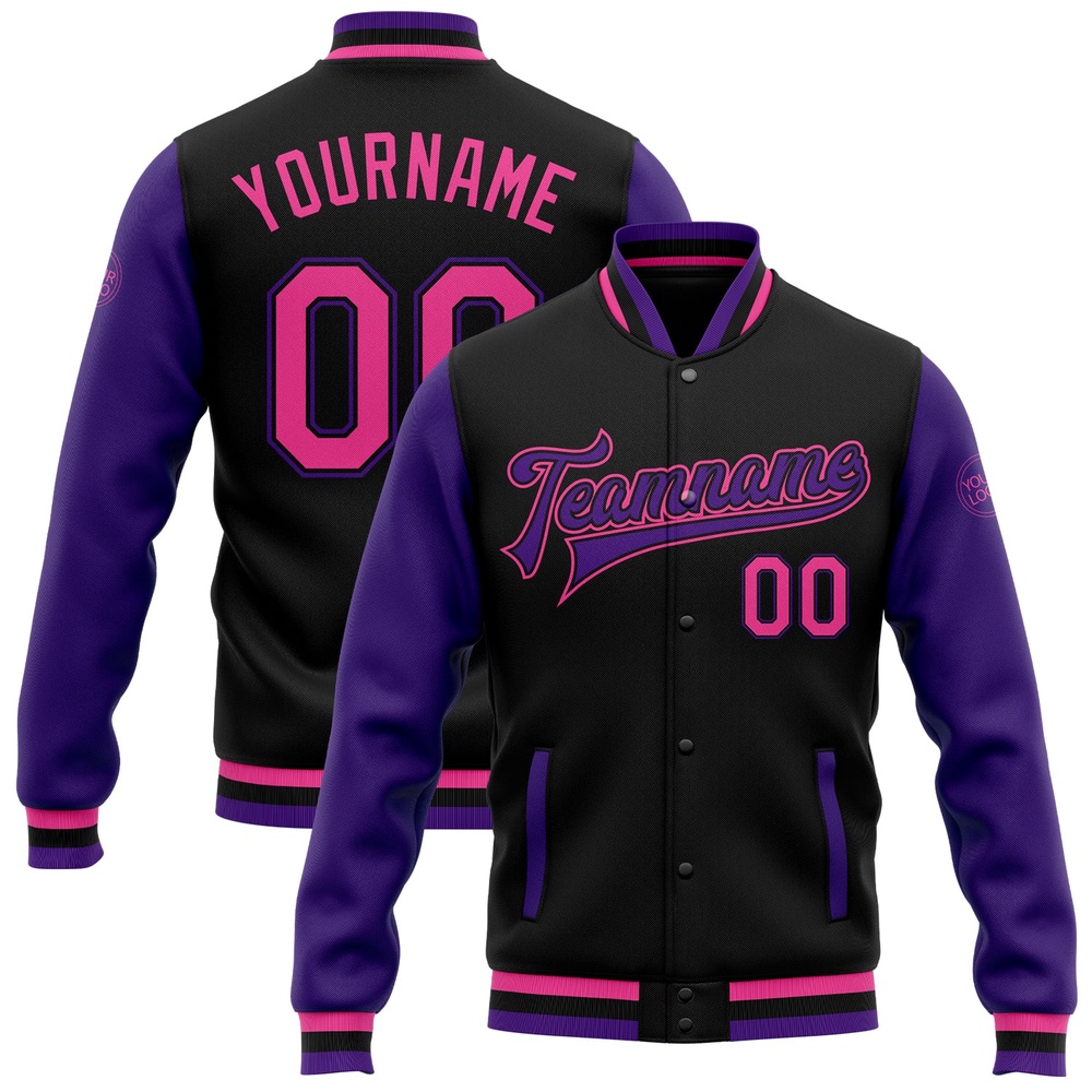 Custom Black Pink Purple Bomber Full Snap Varsity Baseball Jacket, Custom Team Jacket