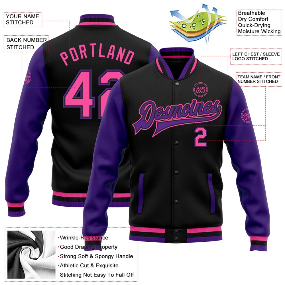 Custom Black Pink Purple Bomber Full Snap Varsity Baseball Jacket, Custom Team Jacket