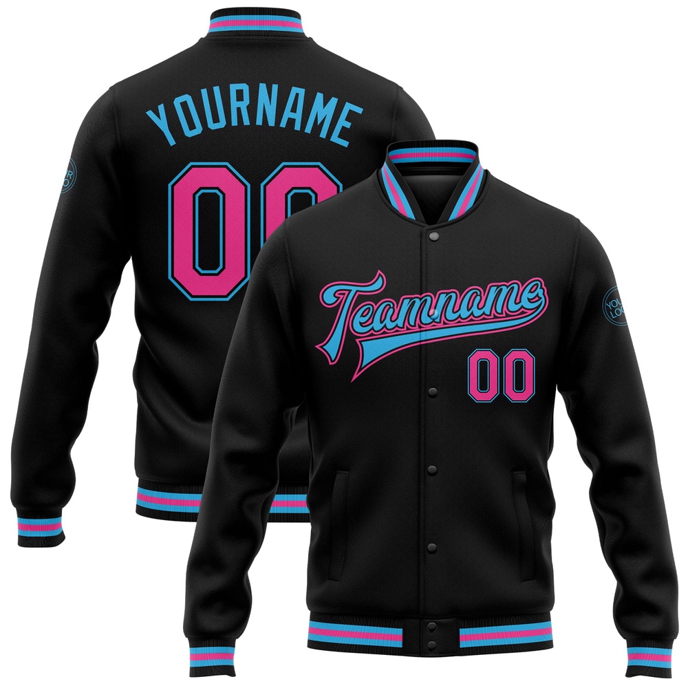 Custom Black Pink Sky Blue Bomber Full Snap Baseball Jacket, Custom Team Jacket Custom Black Pink Sky Blue Bomber Full Snap Baseball Jacket, Custom Team Jacket