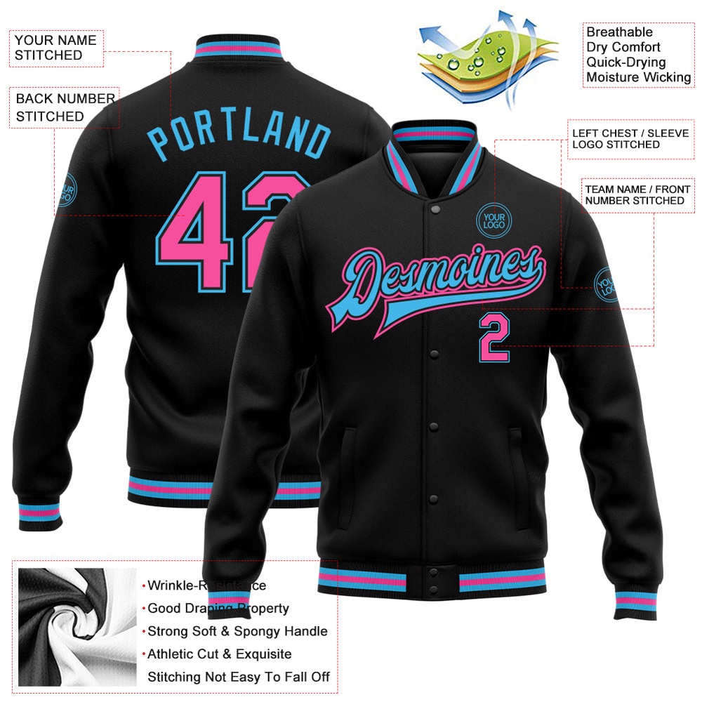 Custom Black Pink Sky Blue Bomber Full Snap Baseball Jacket, Custom Team Jacket Custom Black Pink Sky Blue Bomber Full Snap Baseball Jacket, Custom Team Jacket