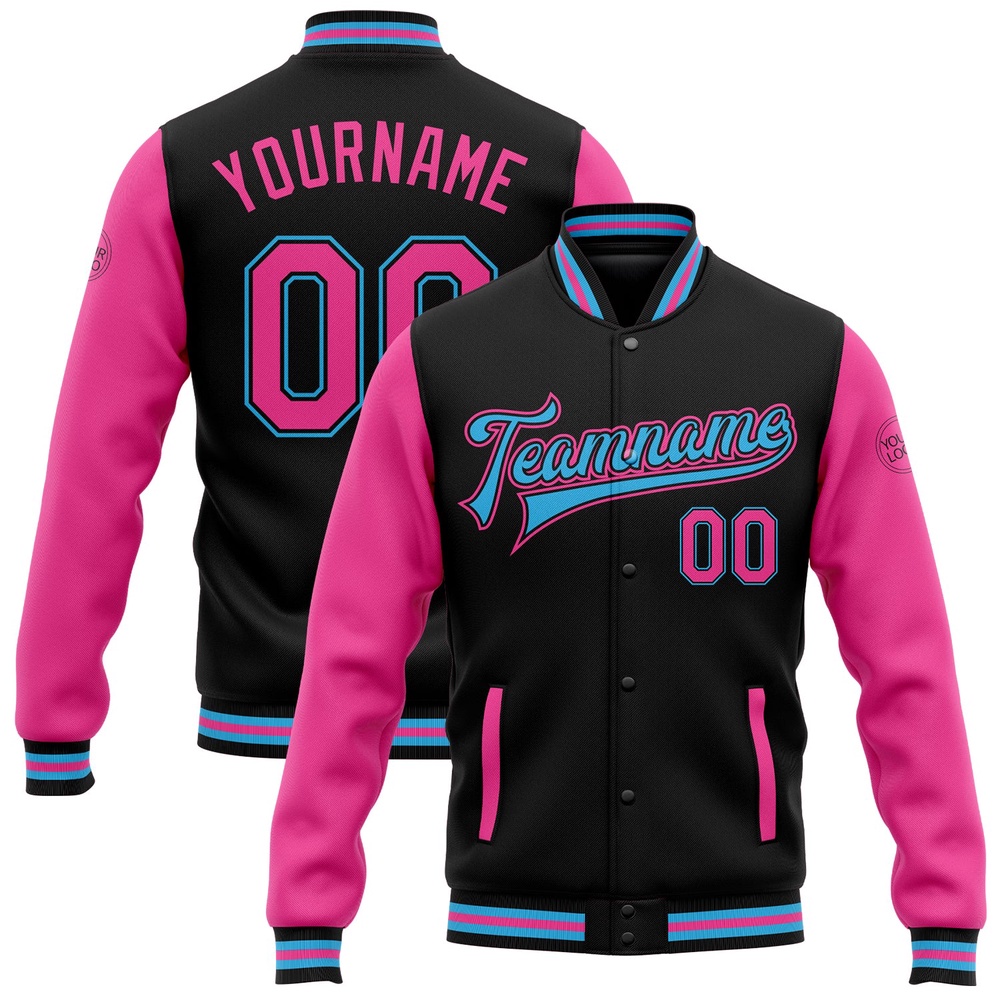Custom Black Pink Sky Blue Bomber Full Snap Varsity Baseball Jacket, Custom Team Jacket Custom Black Pink Sky Blue Bomber Full Snap Varsity Baseball Jacket, Custom Team Jacket