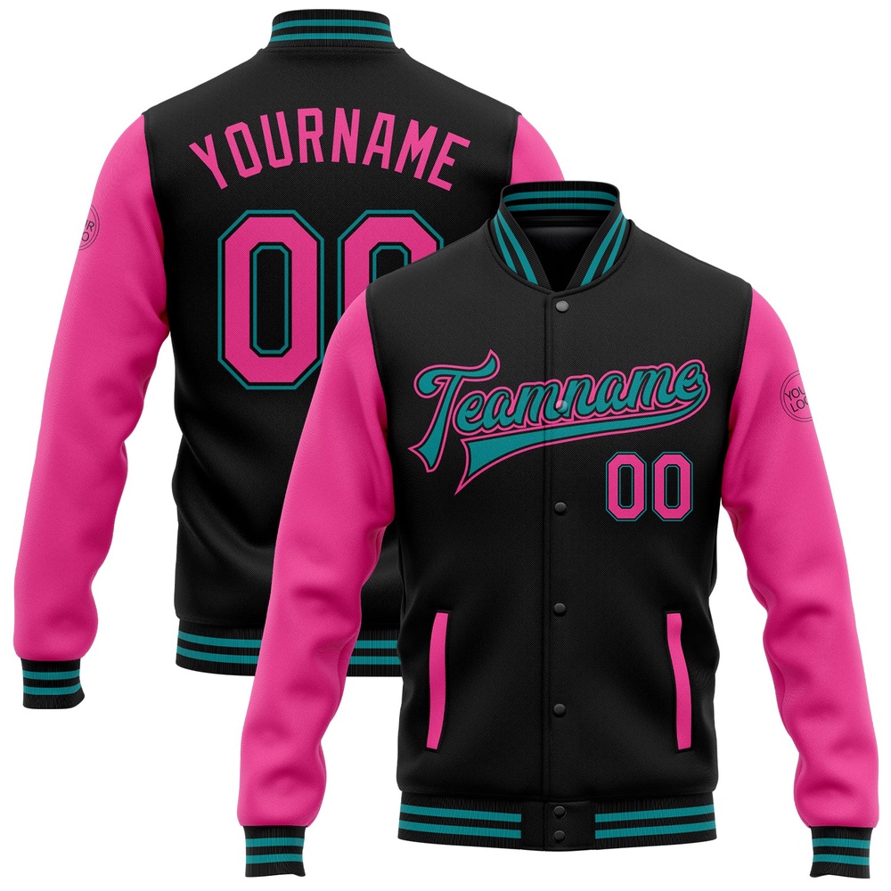 Custom Black Pink Teal Bomber Full Snap Varsity Baseball Jacket, Custom Team Jacket Custom Black Pink Teal Bomber Full Snap Varsity Baseball Jacket, Custom Team Jacket