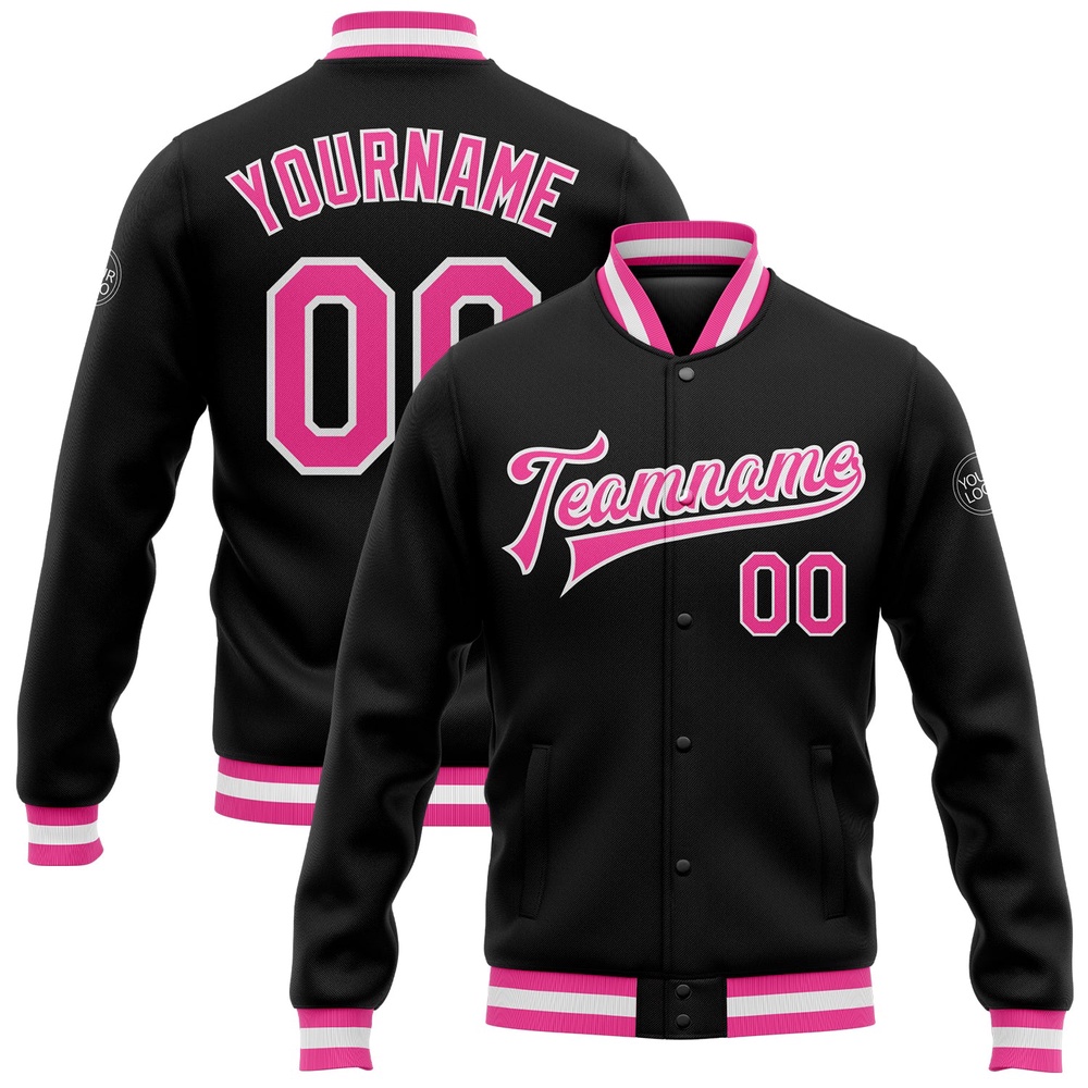 Custom Black Pink White Bomber Full Snap Baseball Jacket, Custom Team Jacket Custom Black Pink White Bomber Full Snap Baseball Jacket, Custom Team Jacket