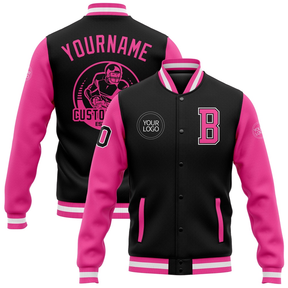 Custom Black Pink White Bomber Full Snap Varsity Baseball Jacket, Custom Team Jacket Custom Black Pink White Bomber Full Snap Varsity Baseball Jacket, Custom Team Jacket