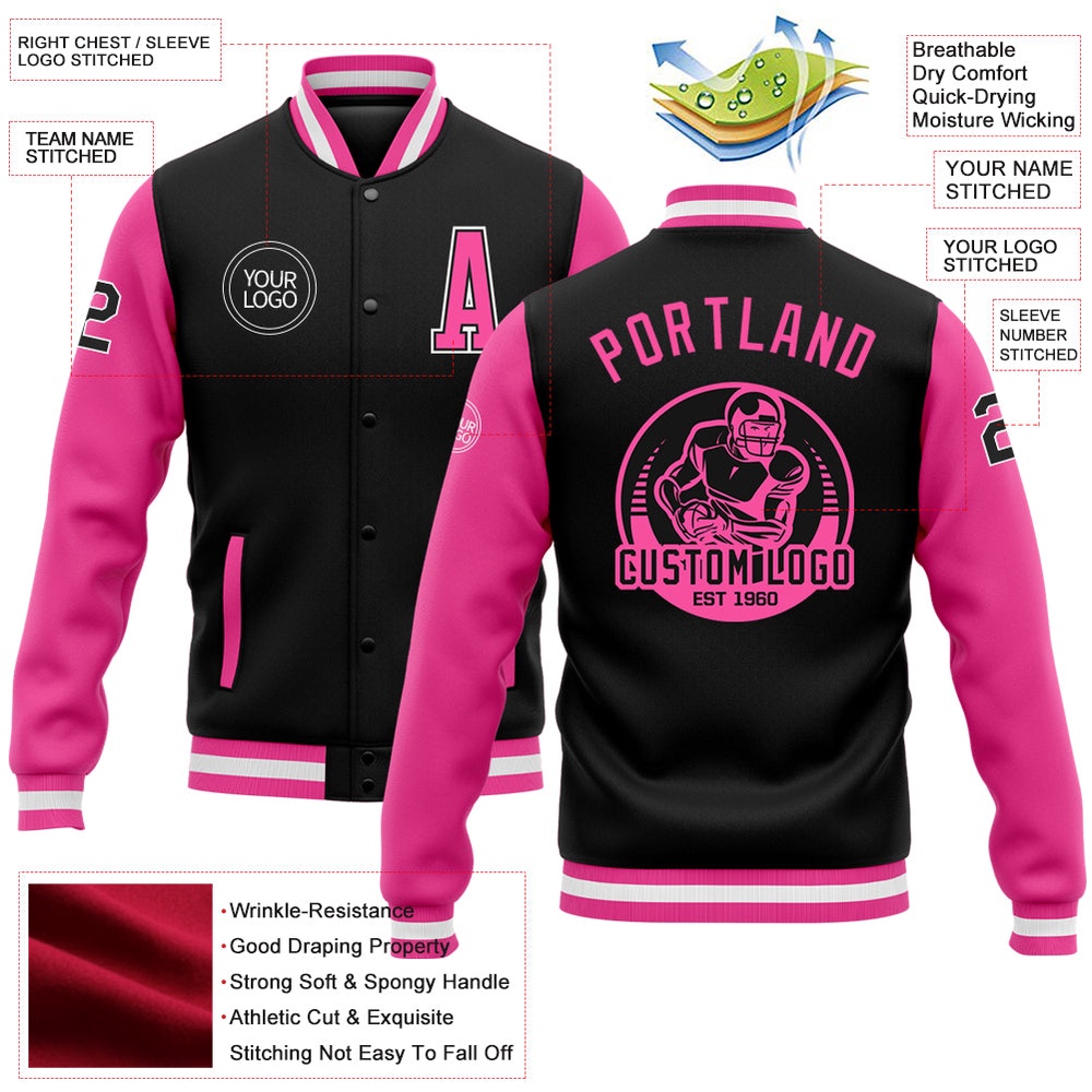 Custom Black Pink White Bomber Full Snap Varsity Baseball Jacket, Custom Team Jacket Custom Black Pink White Bomber Full Snap Varsity Baseball Jacket, Custom Team Jacket
