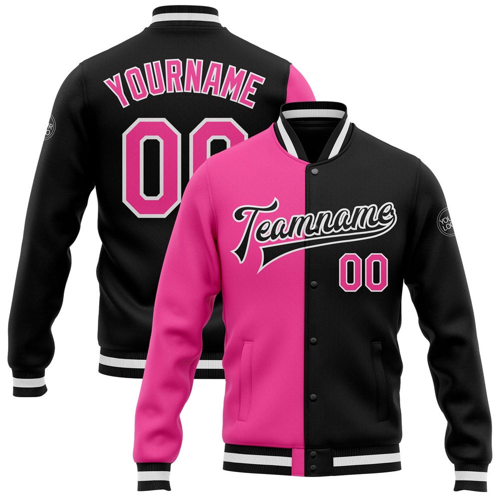 Custom Black Pink White Bomber Full Snap Varsity Letterman Split Fashion Jacket, Custom Team Jacket Custom Black Pink White Bomber Full Snap Varsity Letterman Split Fashion Jacket, Custom Team Jacket