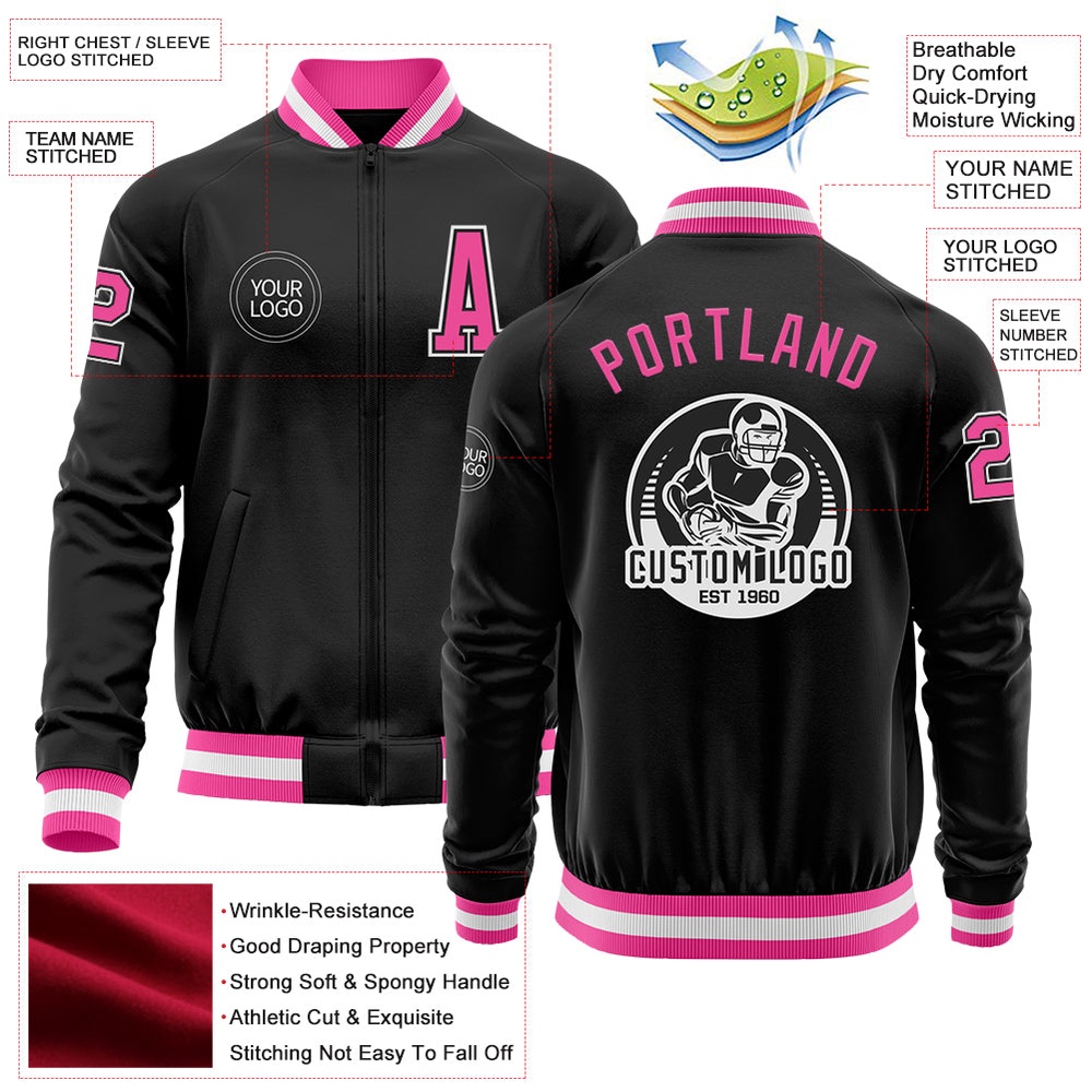 Custom Black Pink White Bomber Varsity Baseball Jacket, Custom Team Jacket Custom Black Pink White Bomber Varsity Baseball Jacket, Custom Team Jacket