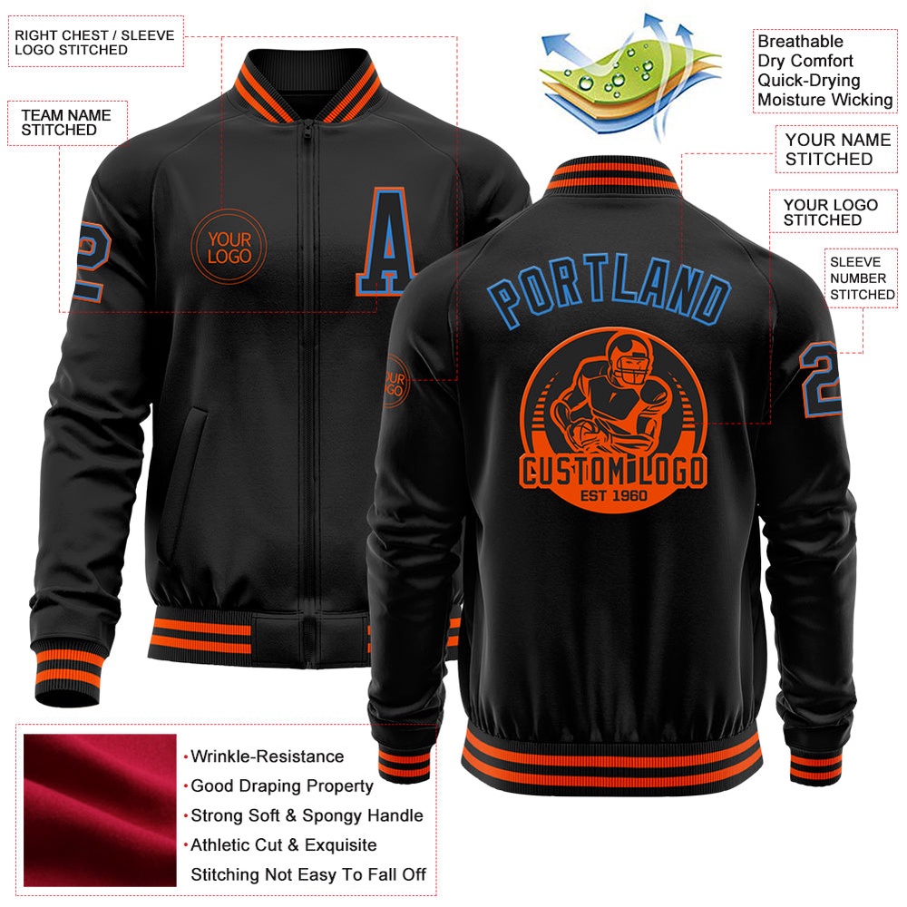 Custom Black Powder Blue Orange Bomber Varsity Baseball Jacket, Custom Team Jacket Custom Black Powder Blue Orange Bomber Varsity Baseball Jacket, Custom Team Jacket