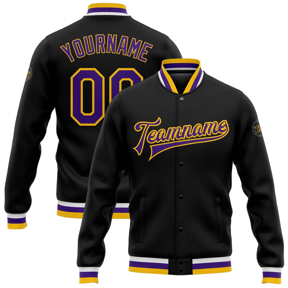 Custom Black Purple Gold Bomber Full Snap Baseball Jacket, Custom Team Jacket