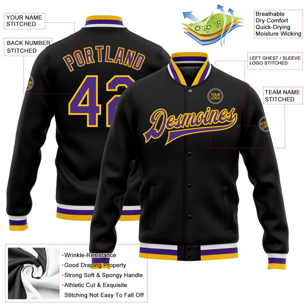 Custom Black Purple Gold Bomber Full Snap Baseball Jacket, Custom Team Jacket