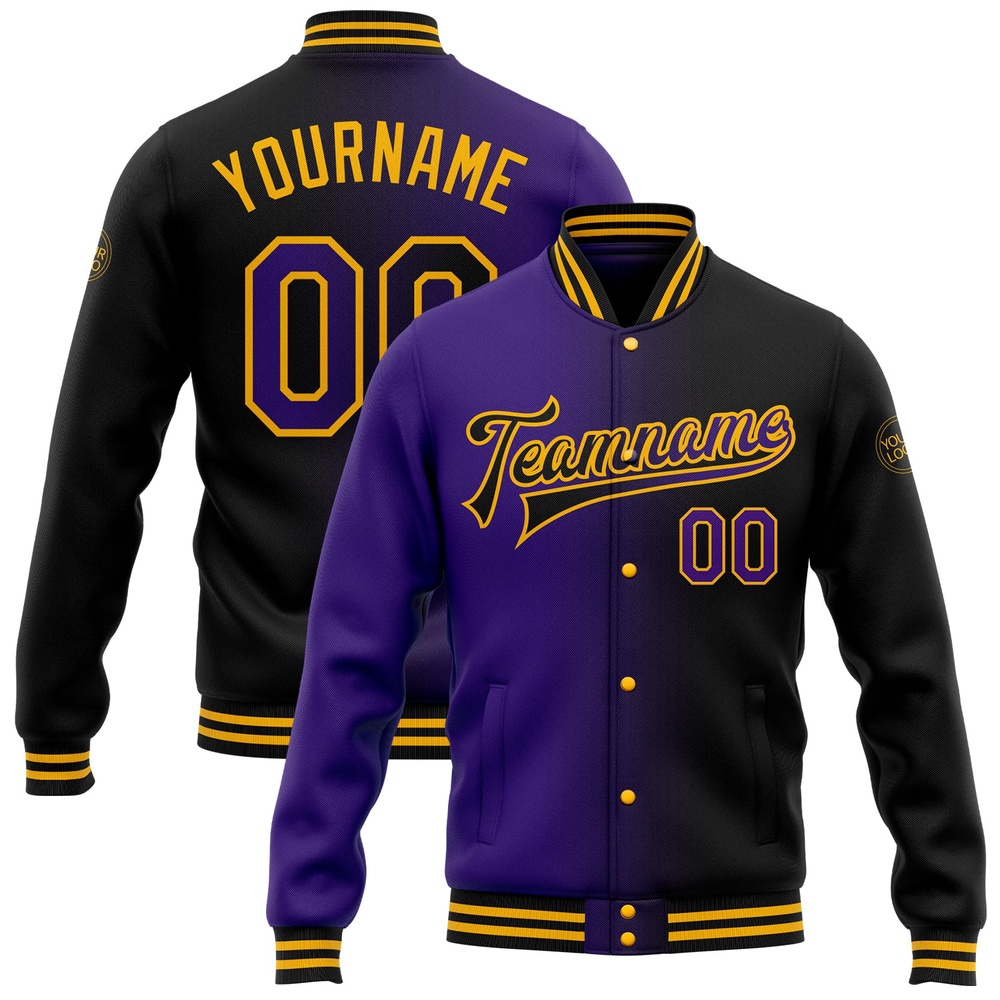 Custom Black Purple Gold Bomber Full Snap Varsity Letterman Gradient Fashion Jacket, Custom Team Jacket
