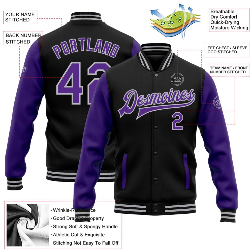 Custom Black Purple Gray Bomber Full Snap Varsity Baseball Jacket, Custom Team Jacket