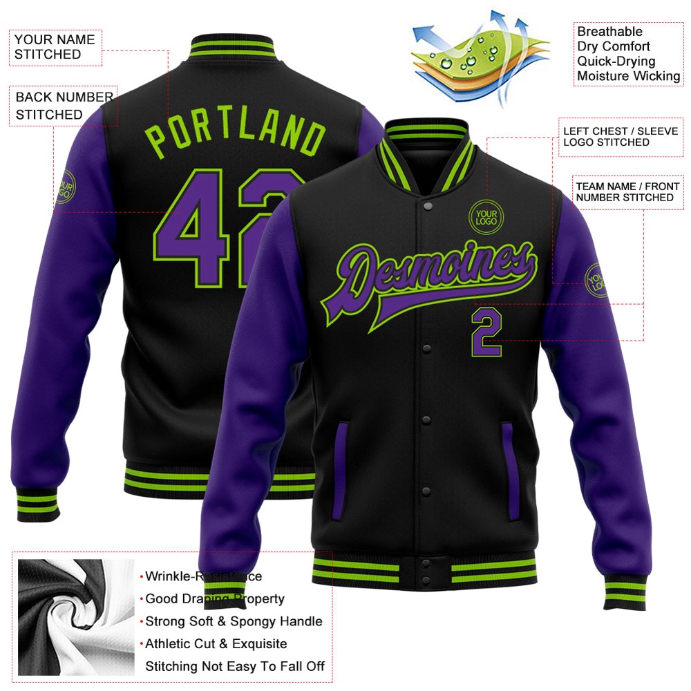 Custom Black Purple Neon Green Bomber Full Snap Varsity Baseball Jacket, Custom Team Jacket