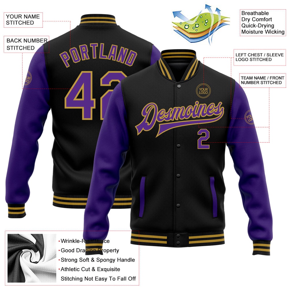 Custom Black Purple Old Gold Bomber Full Snap Varsity Baseball Jacket, Custom Team Jacket