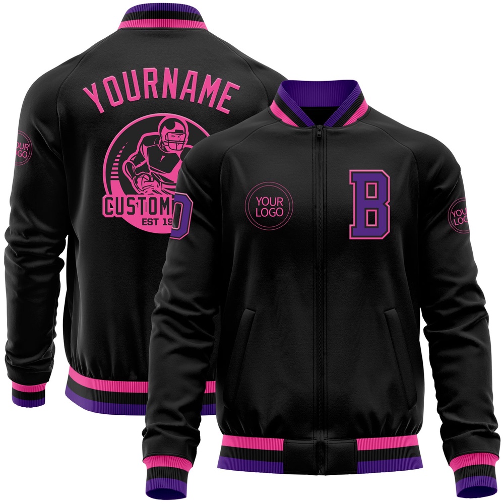 Custom Black Purple Pink Bomber Varsity Baseball Jacket, Custom Team Jacket