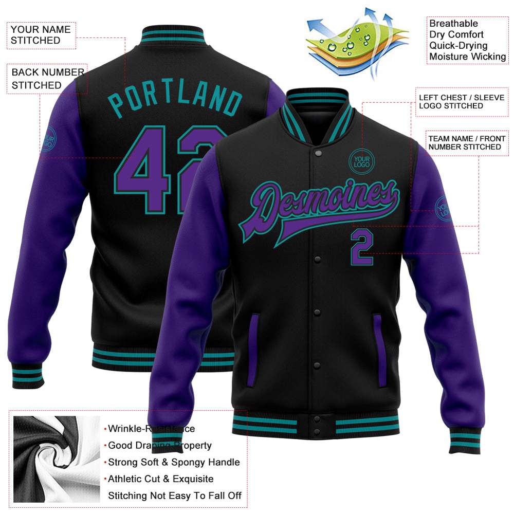 Custom Black Purple Teal Bomber Full Snap Varsity Baseball Jacket, Custom Team Jacket