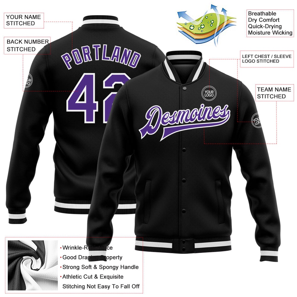 Custom Black Purple White Bomber Full Snap Baseball Jacket, Custom Team Jacket