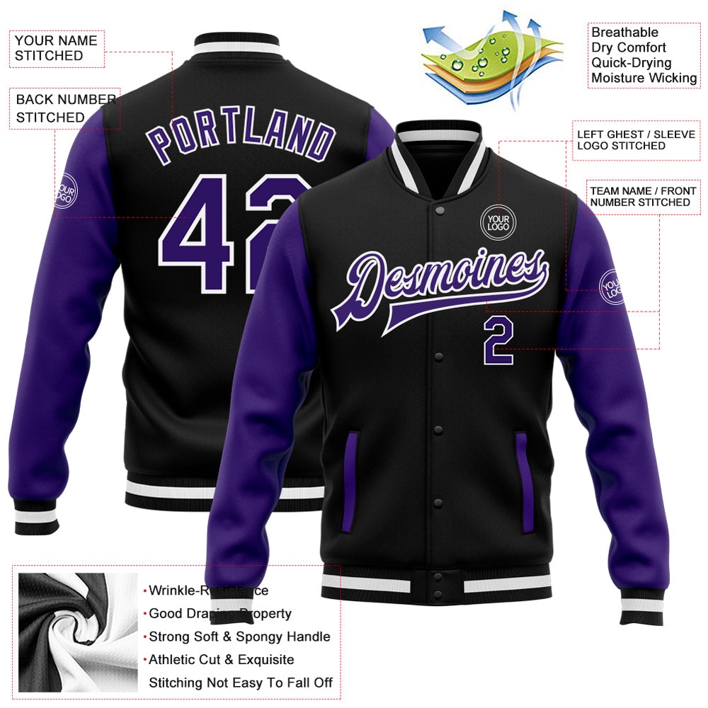 Custom Black Purple White Bomber Full Snap Varsity Baseball Jacket, Custom Team Jacket