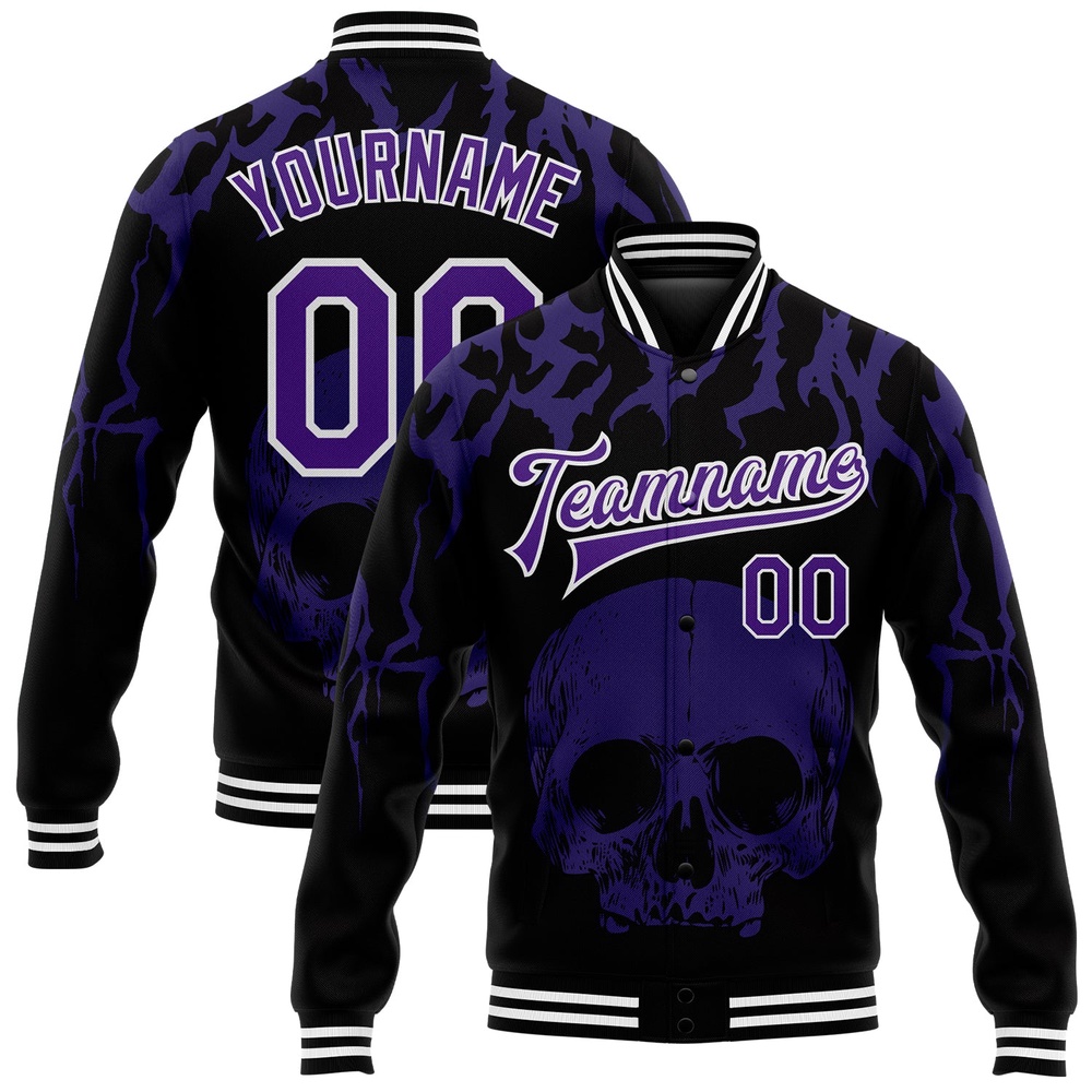 Custom Black Purple White Skull Fashion 3D Bomber Full Snap Baseball Jacket, Custom Team Jacket Custom Black Purple White Skull Fashion 3D Bomber Full Snap Baseball Jacket, Custom Team Jacket