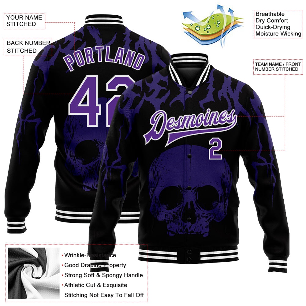 Custom Black Purple White Skull Fashion 3D Bomber Full Snap Baseball Jacket, Custom Team Jacket Custom Black Purple White Skull Fashion 3D Bomber Full Snap Baseball Jacket, Custom Team Jacket