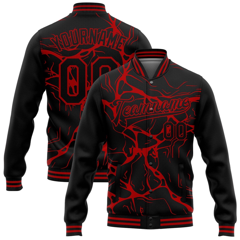 Custom Black Red Abstract Network 3D Pattern Design Bomber Full Snap Baseball Jacket, Custom Team Jacket