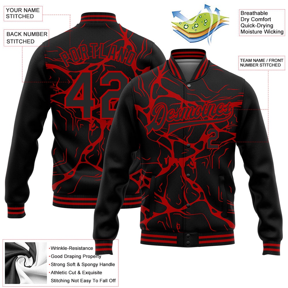 Custom Black Red Abstract Network 3D Pattern Design Bomber Full Snap Baseball Jacket, Custom Team Jacket