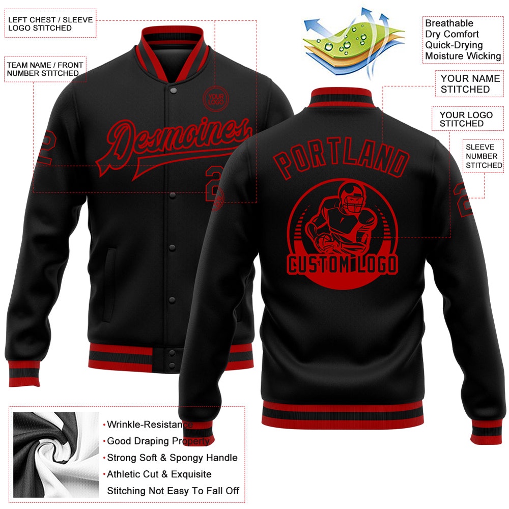 Custom Black Red Bomber Full Snap Baseball Jacket, Custom Team Jacket