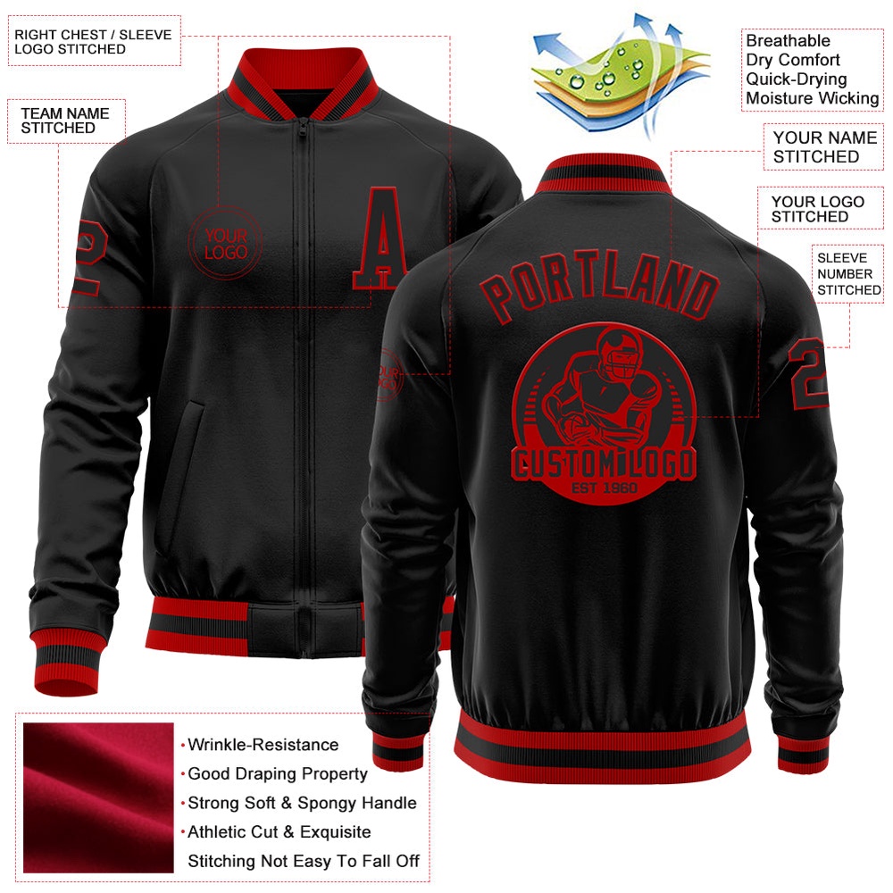 Custom Black Red Bomber Varsity Baseball Jacket, Custom Team Jacket Custom Black Red Bomber Varsity Baseball Jacket, Custom Team Jacket