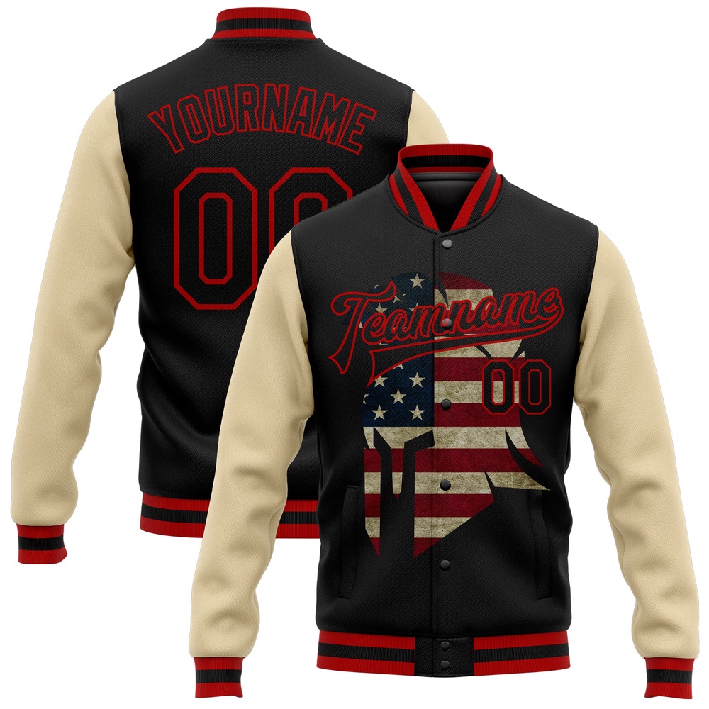 Custom Black Red City Cream Spartan Logo With Vintage USA Flag 3D Pattern Design Bomber Full Snap Varsity Baseball Jacket, Custom Team Jacket