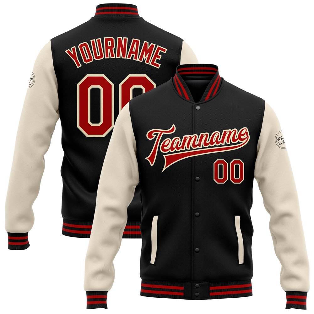 Custom Black Red Cream Bomber Full Snap Varsity Baseball Jacket, Custom Team Jacket