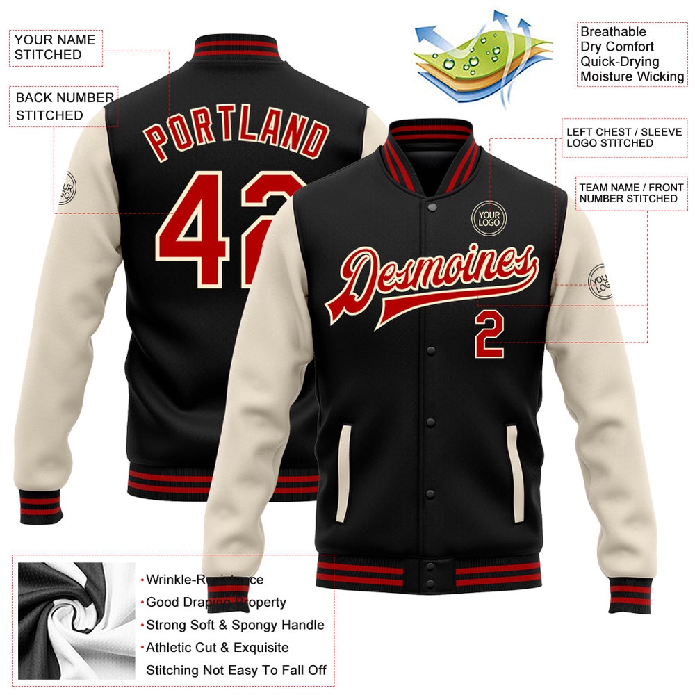 Custom Black Red Cream Bomber Full Snap Varsity Baseball Jacket, Custom Team Jacket