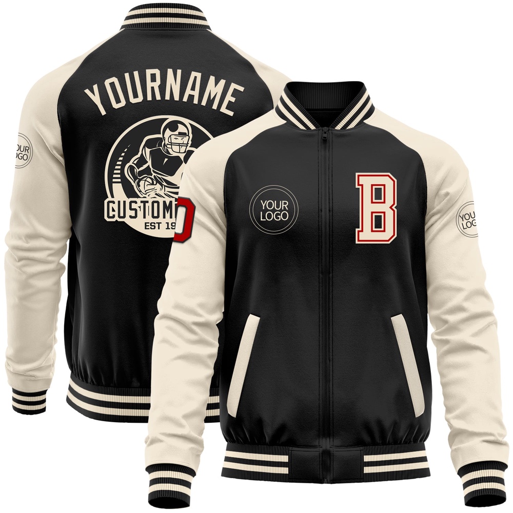 Custom Black Red Cream Bomber Varsity Baseball Jacket, Custom Team Jacket
