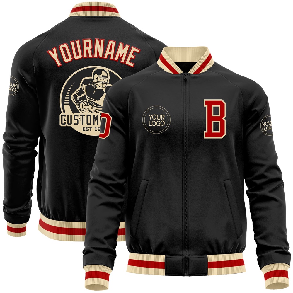 Custom Black Red Cream Bomber Varsity Letterman Zipper Jacket, Custom Team Jacket