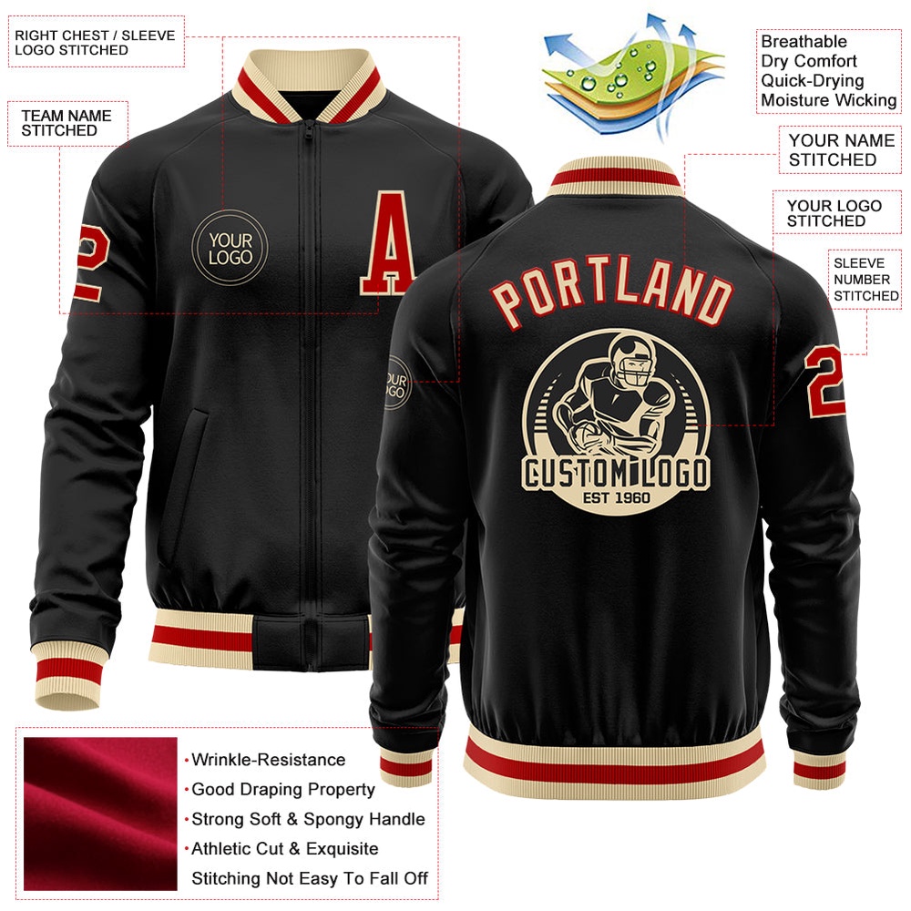 Custom Black Red Cream Bomber Varsity Letterman Zipper Jacket, Custom Team Jacket