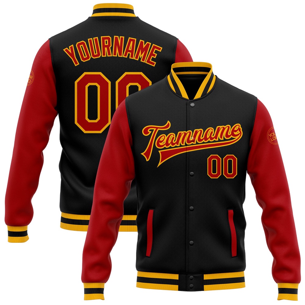 Custom Black Red Gold Bomber Full Snap Varsity Baseball Jacket, Custom Team Jacket Custom Black Red Gold Bomber Full Snap Varsity Baseball Jacket, Custom Team Jacket
