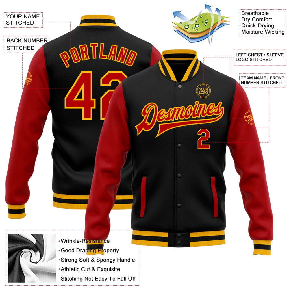 Custom Black Red Gold Bomber Full Snap Varsity Baseball Jacket, Custom Team Jacket Custom Black Red Gold Bomber Full Snap Varsity Baseball Jacket, Custom Team Jacket