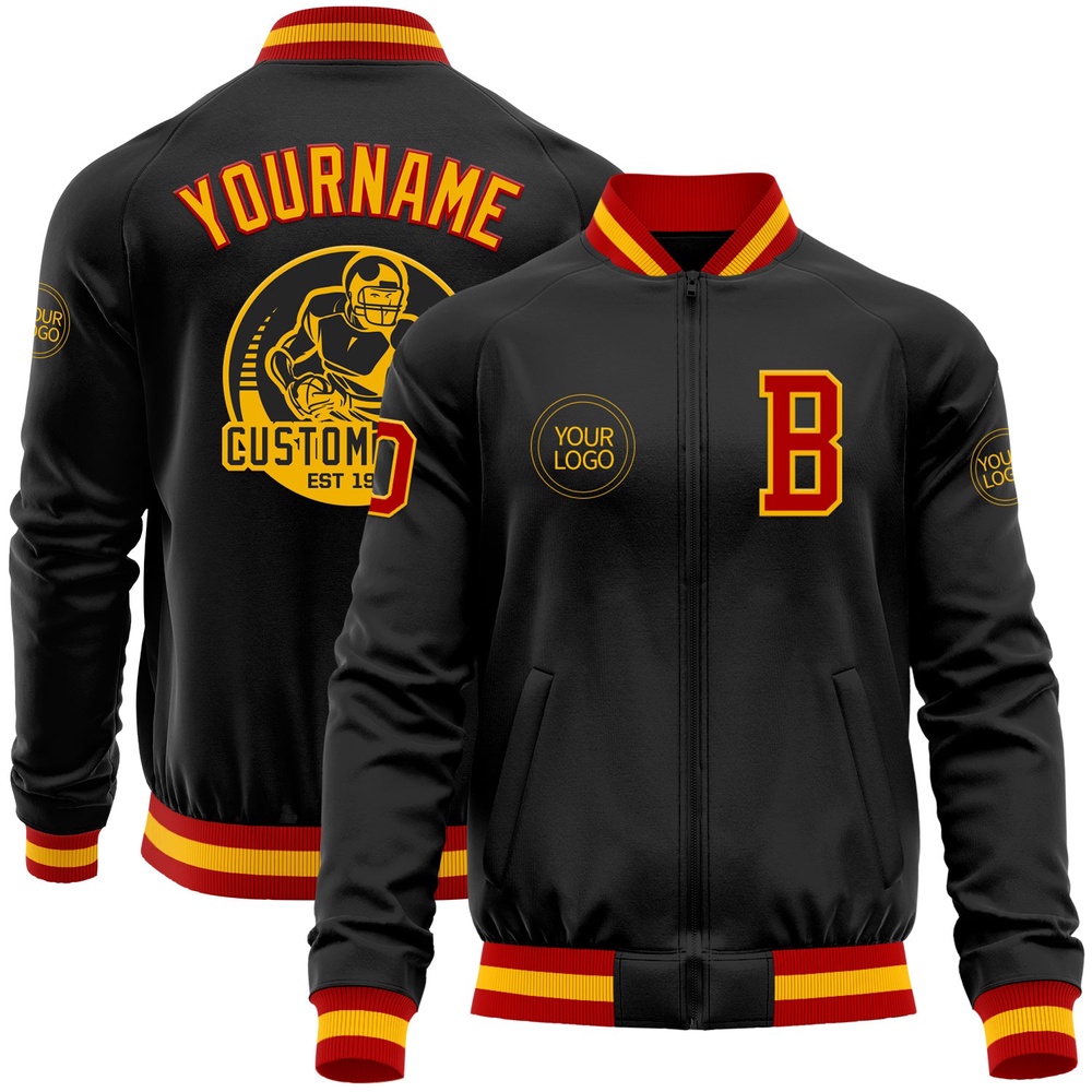 Custom Black Red Gold Bomber Varsity Baseball Jacket, Custom Team Jacket Custom Black Red Gold Bomber Varsity Baseball Jacket, Custom Team Jacket