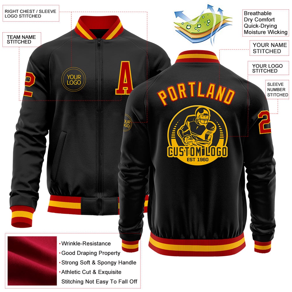 Custom Black Red Gold Bomber Varsity Baseball Jacket, Custom Team Jacket Custom Black Red Gold Bomber Varsity Baseball Jacket, Custom Team Jacket