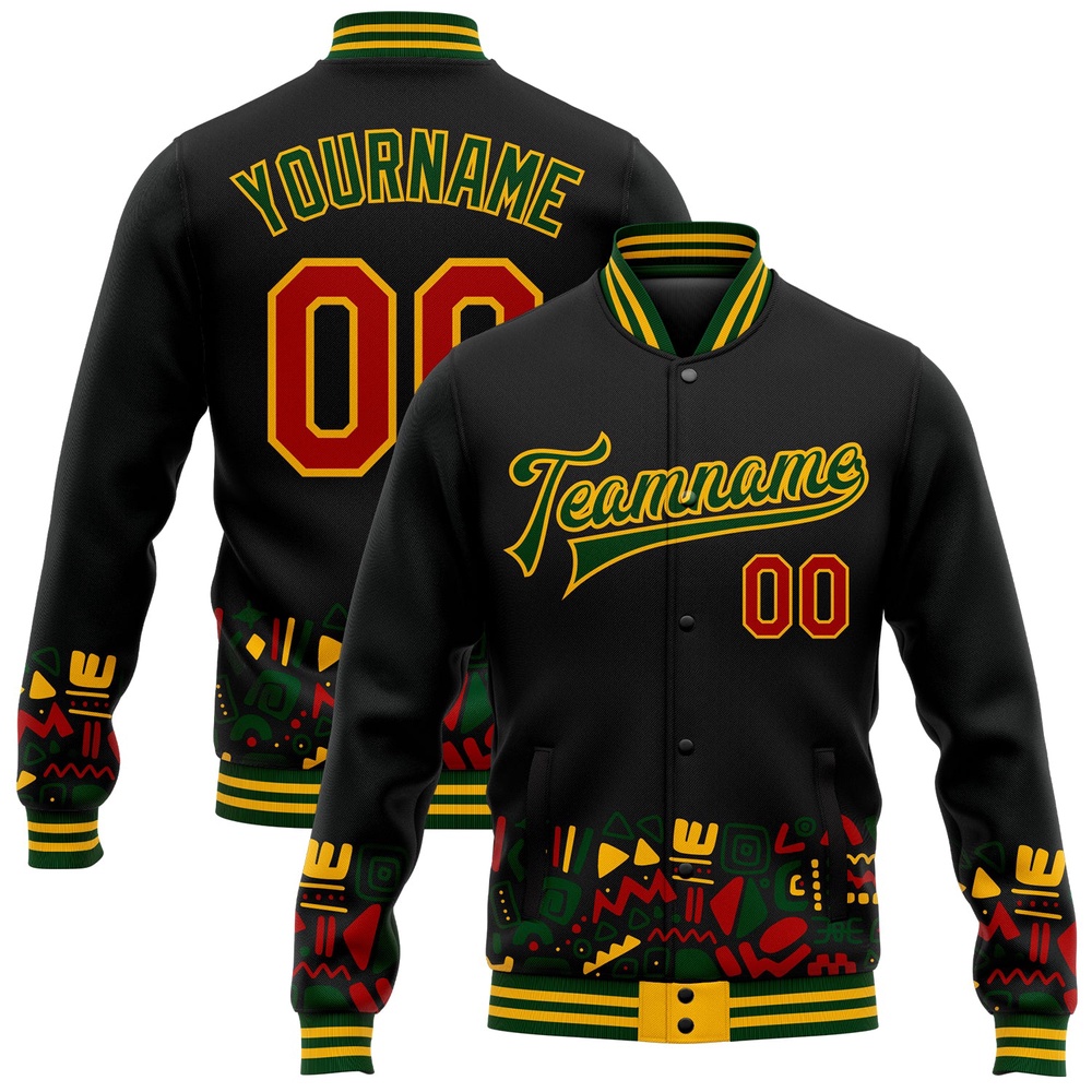 Custom Black Red Gold Green Black History Month 3D Pattern Design Bomber Full Snap Baseball Jacket, Custom Team Jacket